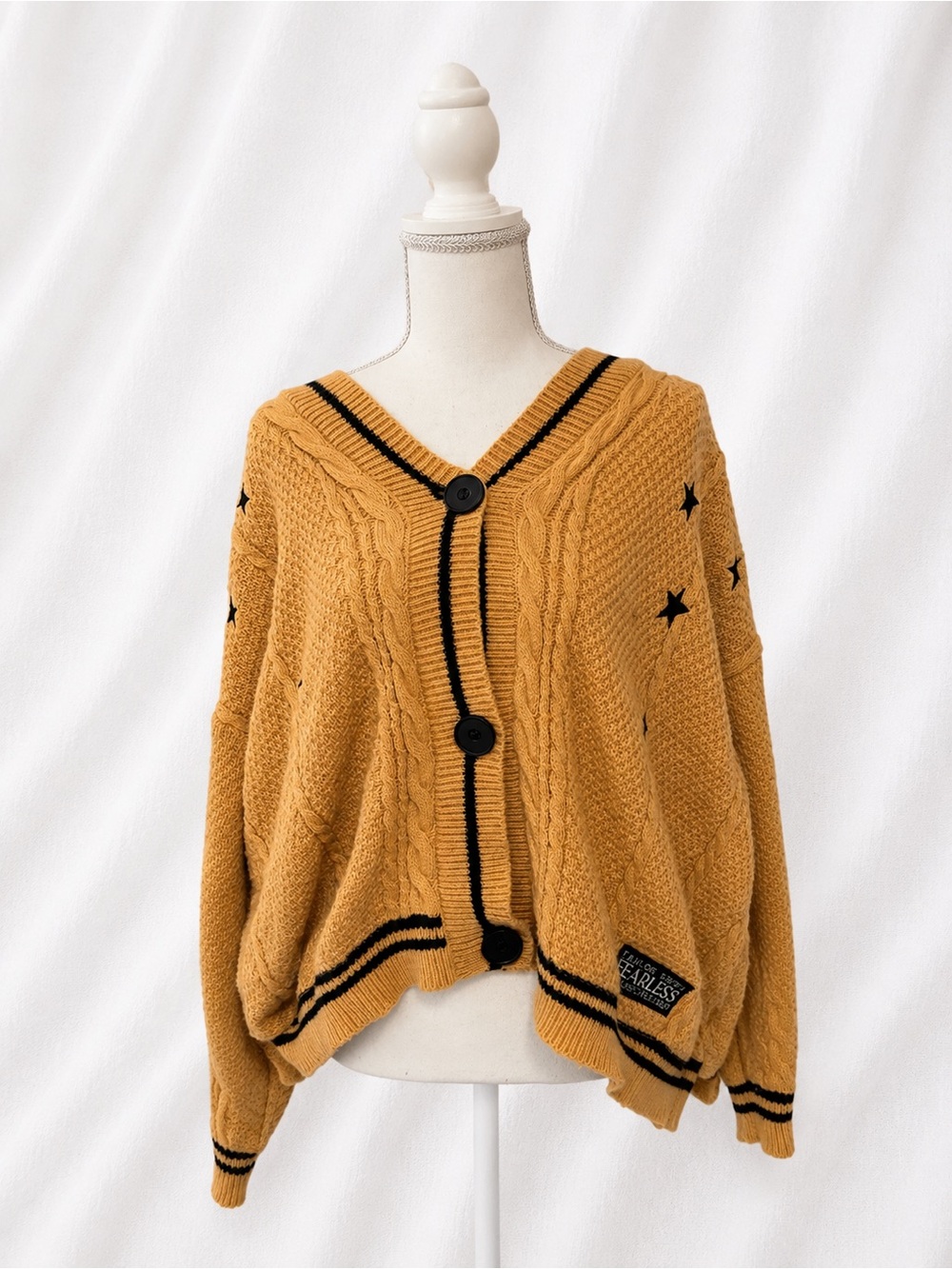 Taylor Swift Fearless Mustard Star Accent Cable-Knit Cardigan Sweater